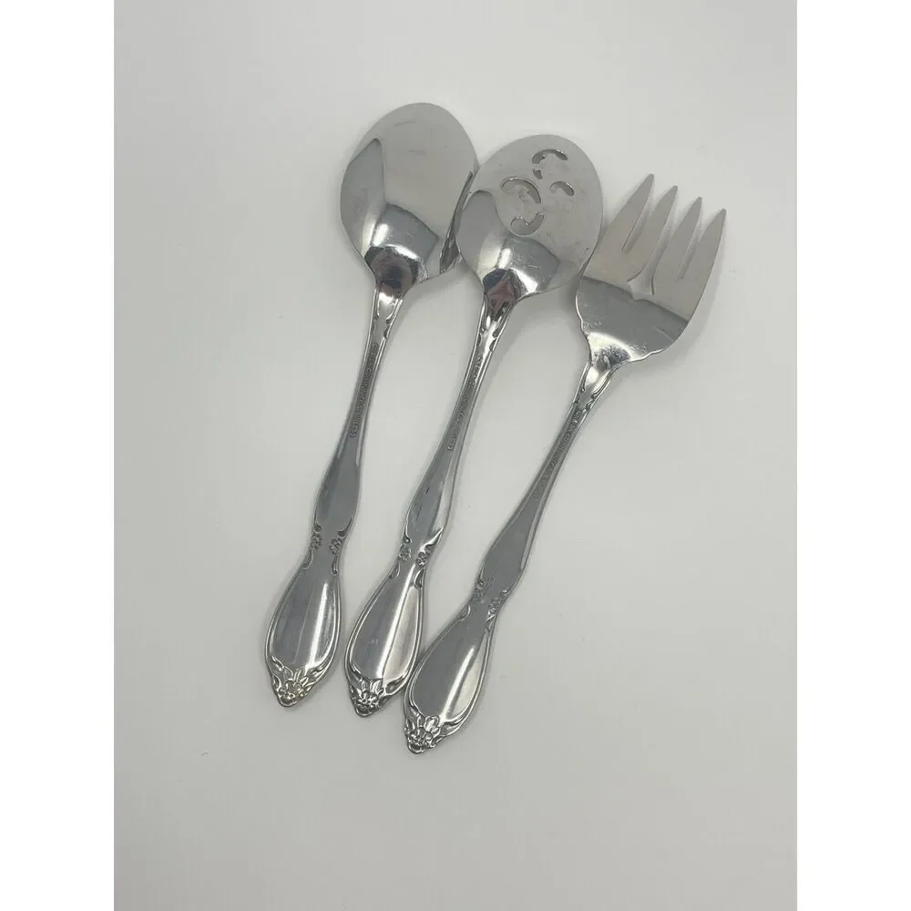 Oneida Community Chatelaine Glossy Serving Spoons Slotted Fork 8.25” Set Of 3